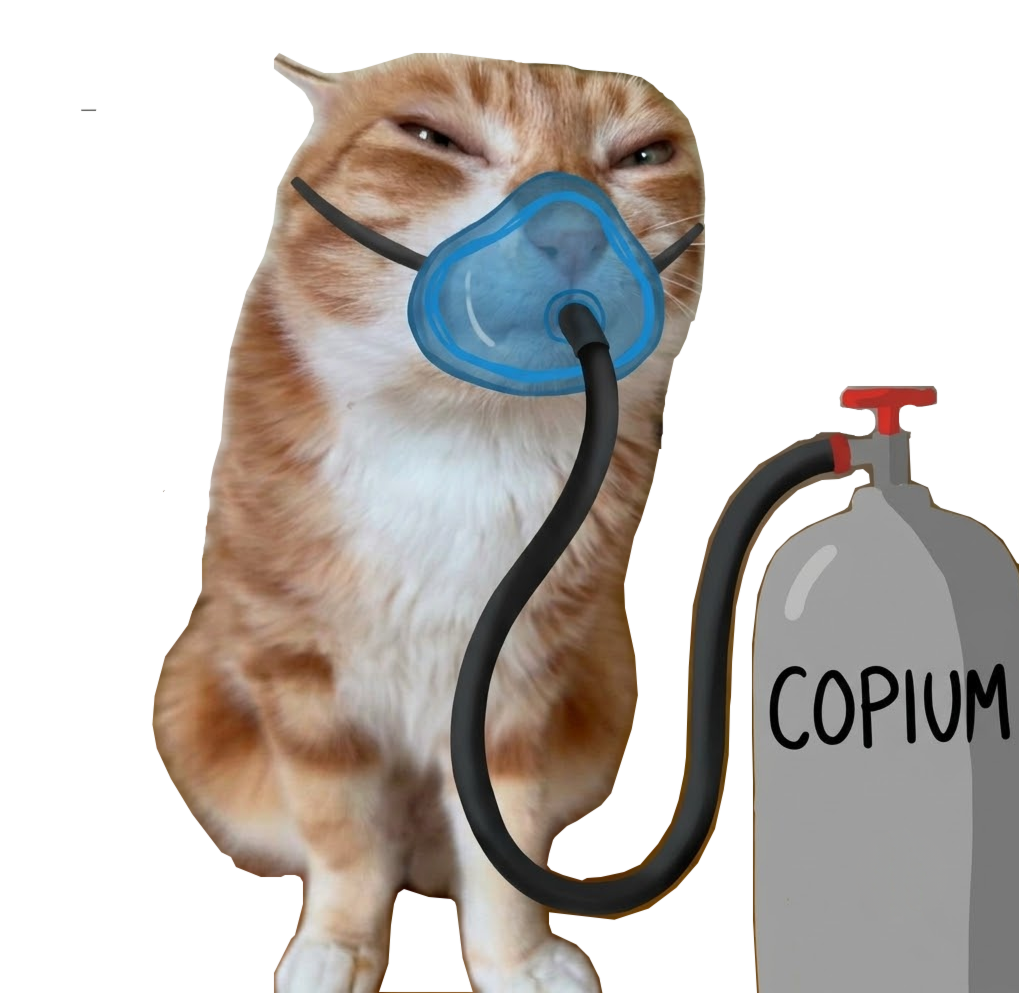 An orange cat breathing from a tank of Copium through a mask