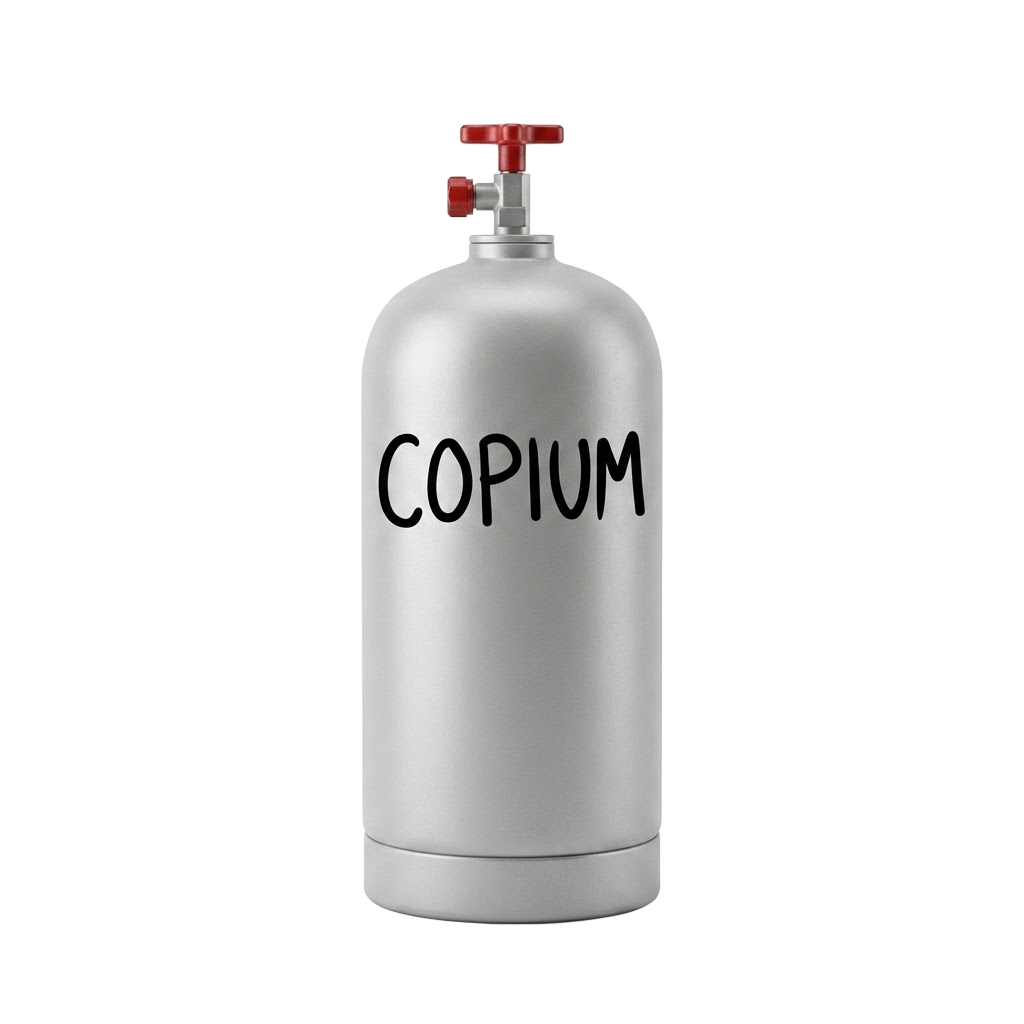 A grey pressurised cylinder labelled COPIUM